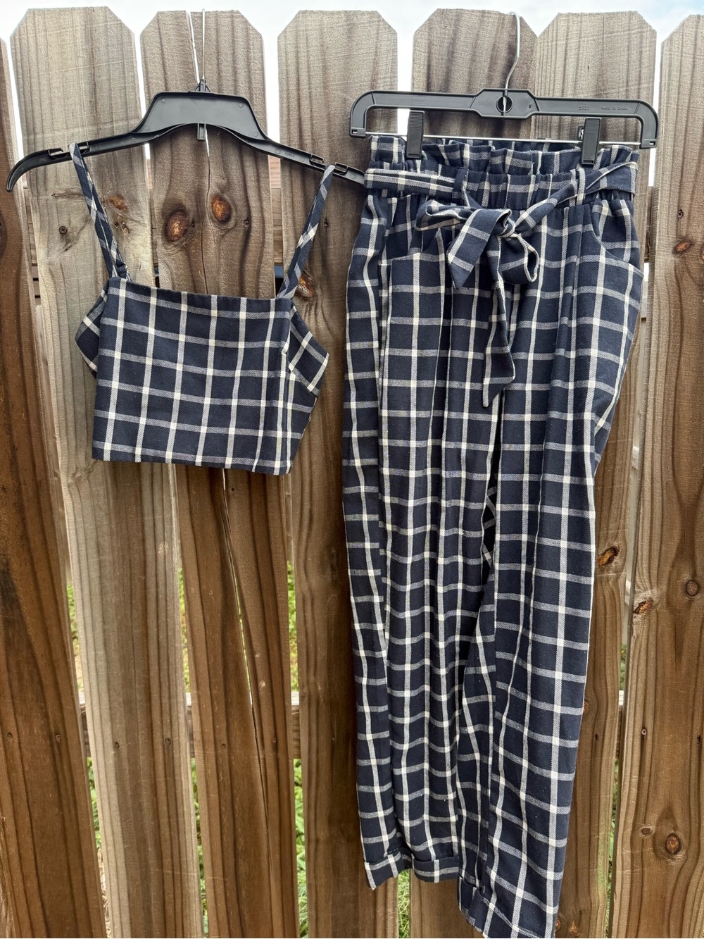 Checked High-Rise Paperbag Trousers with Matching Cropped Cami - Black/White